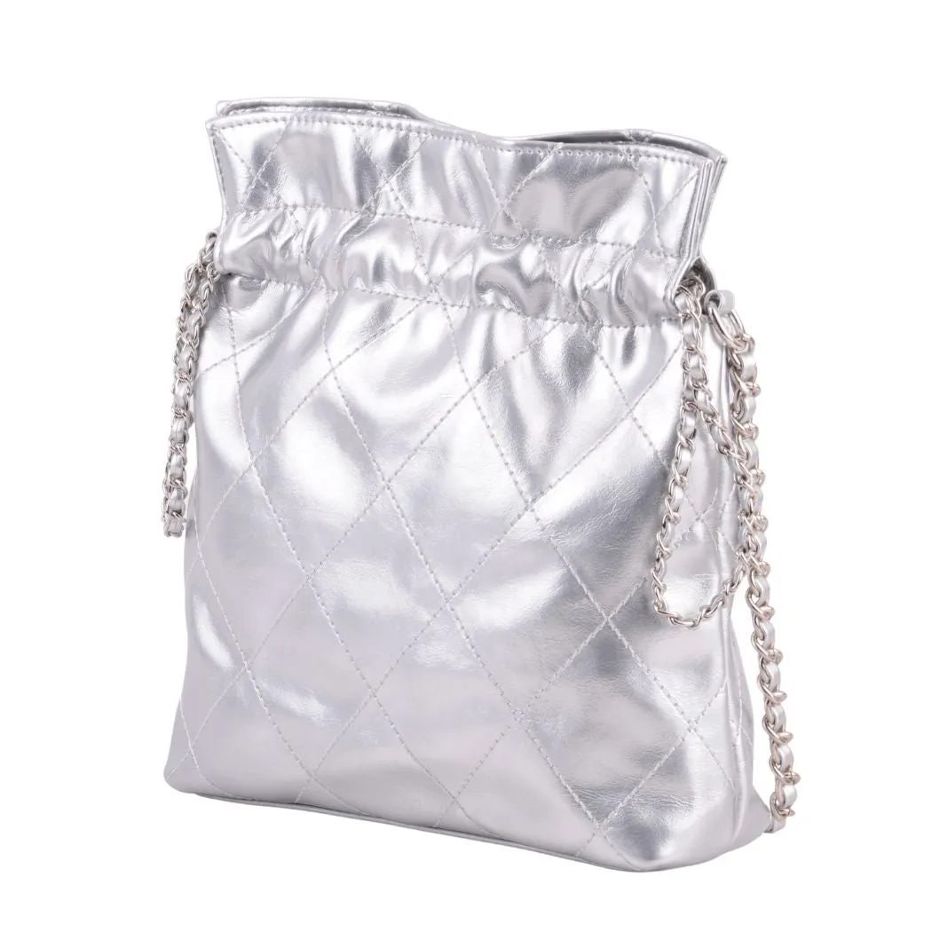 1503 - Quilted Metallic Drawstring Bag with Chains