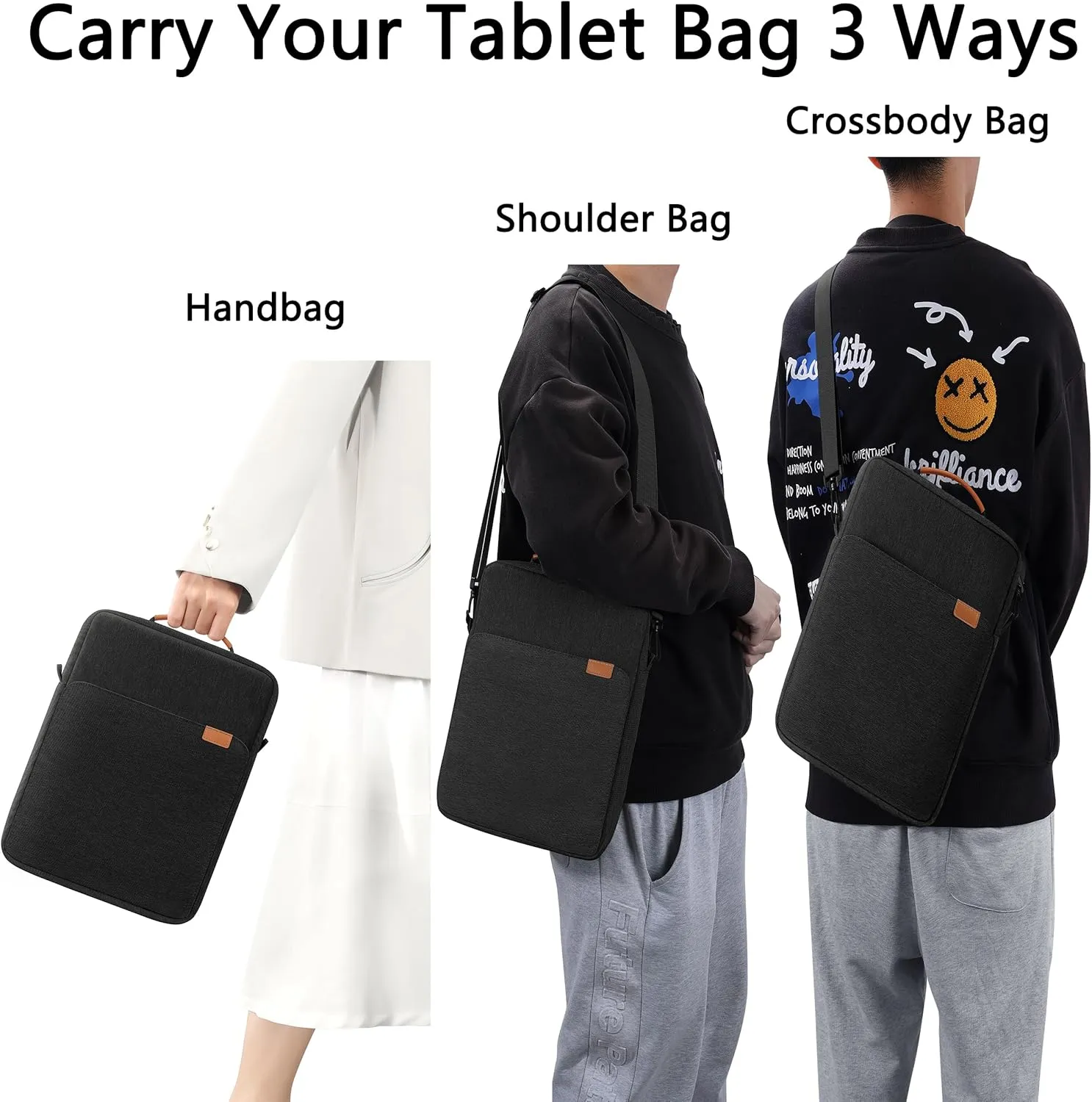 9-11 Inch Tablet Sleeve iPad Bag Satchel Messenger Sling Shoulder Bag for Men Travel Work with Handle Removable Shoulder Strap Carrying Case for Fire Laptop Kindle Surface Samsung Black