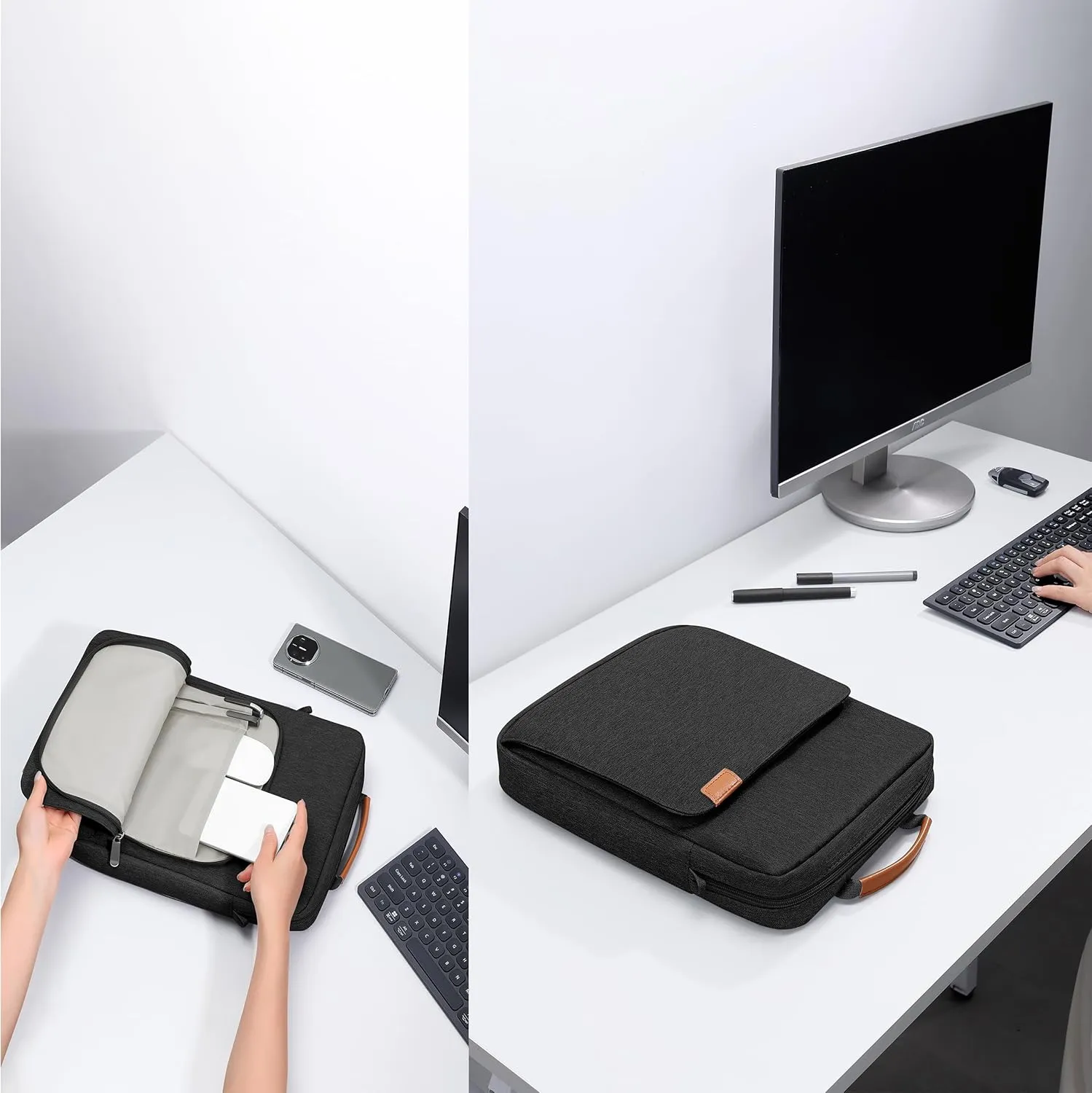 9-11 Inch Tablet Sleeve iPad Bag Satchel Messenger Sling Shoulder Bag for Men Travel Work with Handle Removable Shoulder Strap Carrying Case for Fire Laptop Kindle Surface Samsung Black