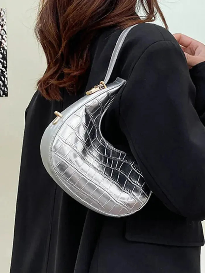 Aure | Metallic Croc-Embossed Shoulder Bag