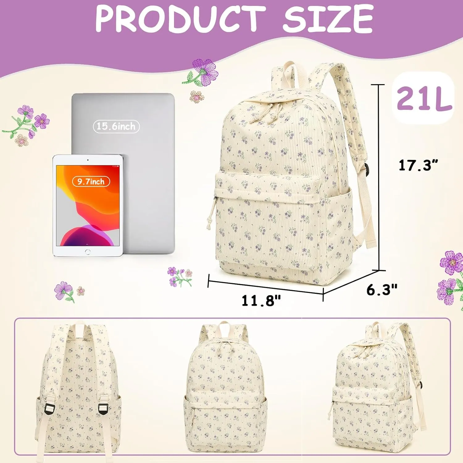 Backpack for Teen Girls Corduroy Bookbags Elementary Middle High School School Bag Lightweight Women Travel Casual Daypacks (Beige-Purple Flower)