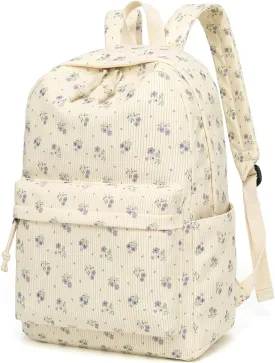 Backpack for Teen Girls Corduroy Bookbags Elementary Middle High School School Bag Lightweight Women Travel Casual Daypacks (Beige-Purple Flower)