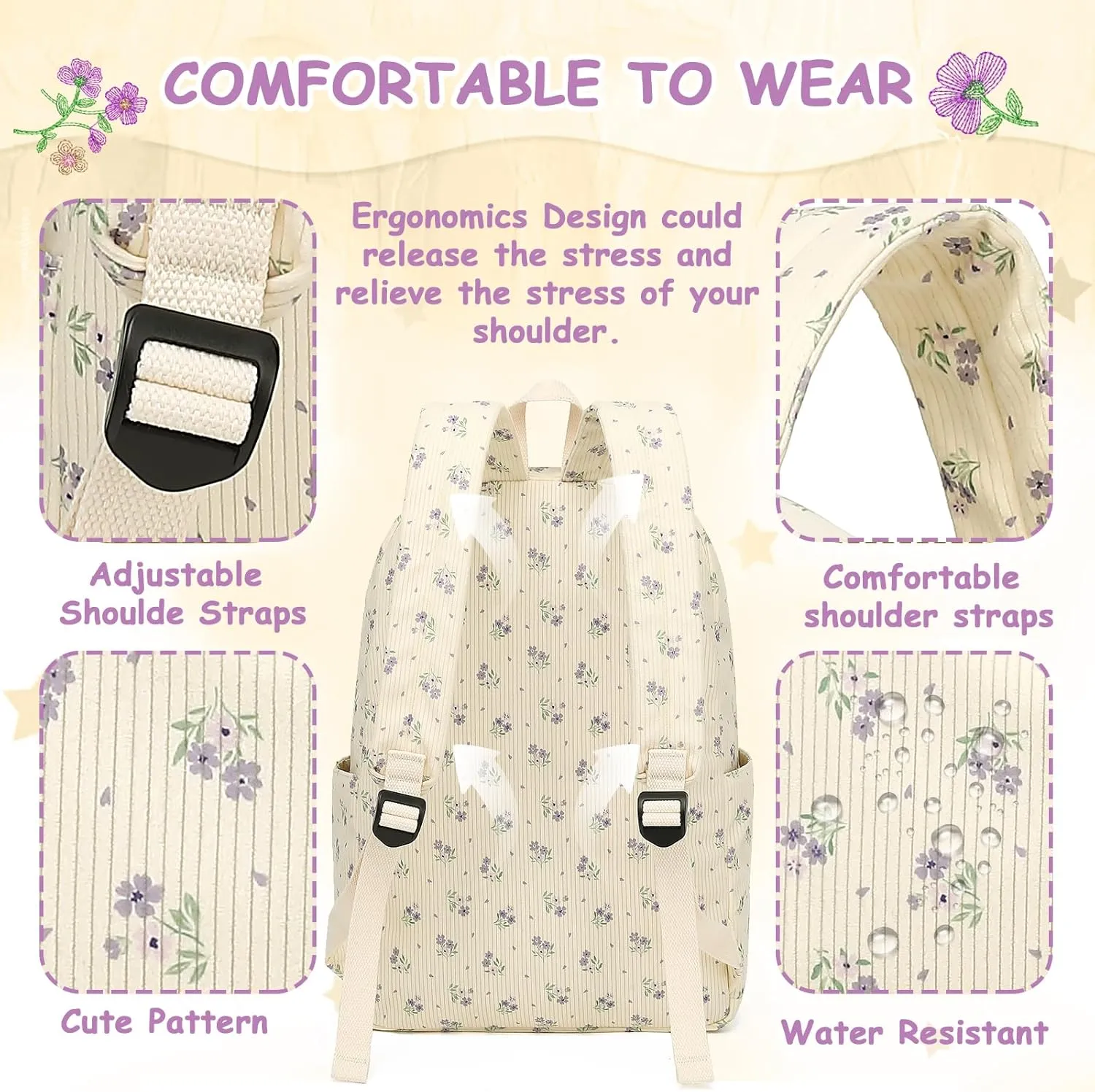 Backpack for Teen Girls Corduroy Bookbags Elementary Middle High School School Bag Lightweight Women Travel Casual Daypacks (Beige-Purple Flower)