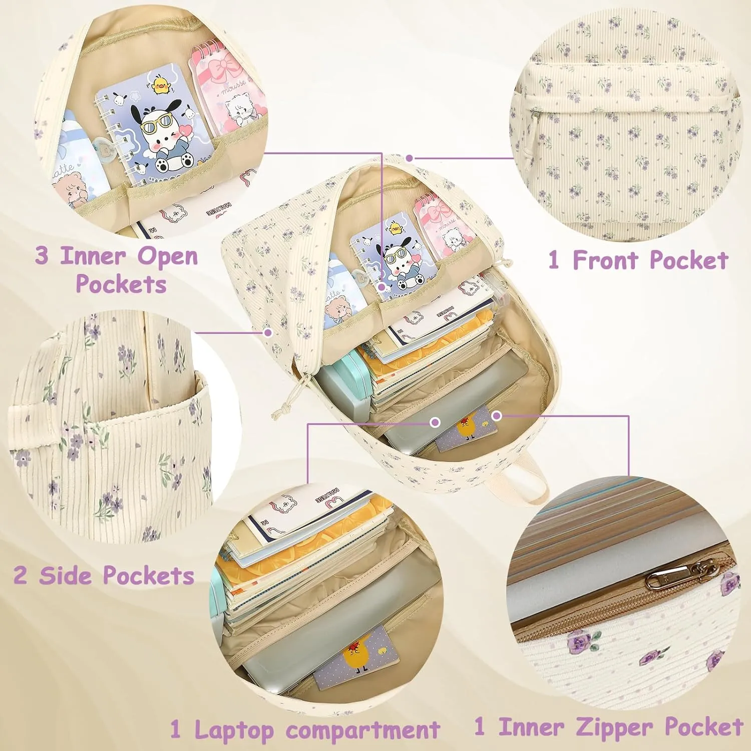 Backpack for Teen Girls Corduroy Bookbags Elementary Middle High School School Bag Lightweight Women Travel Casual Daypacks (Beige-Purple Flower)