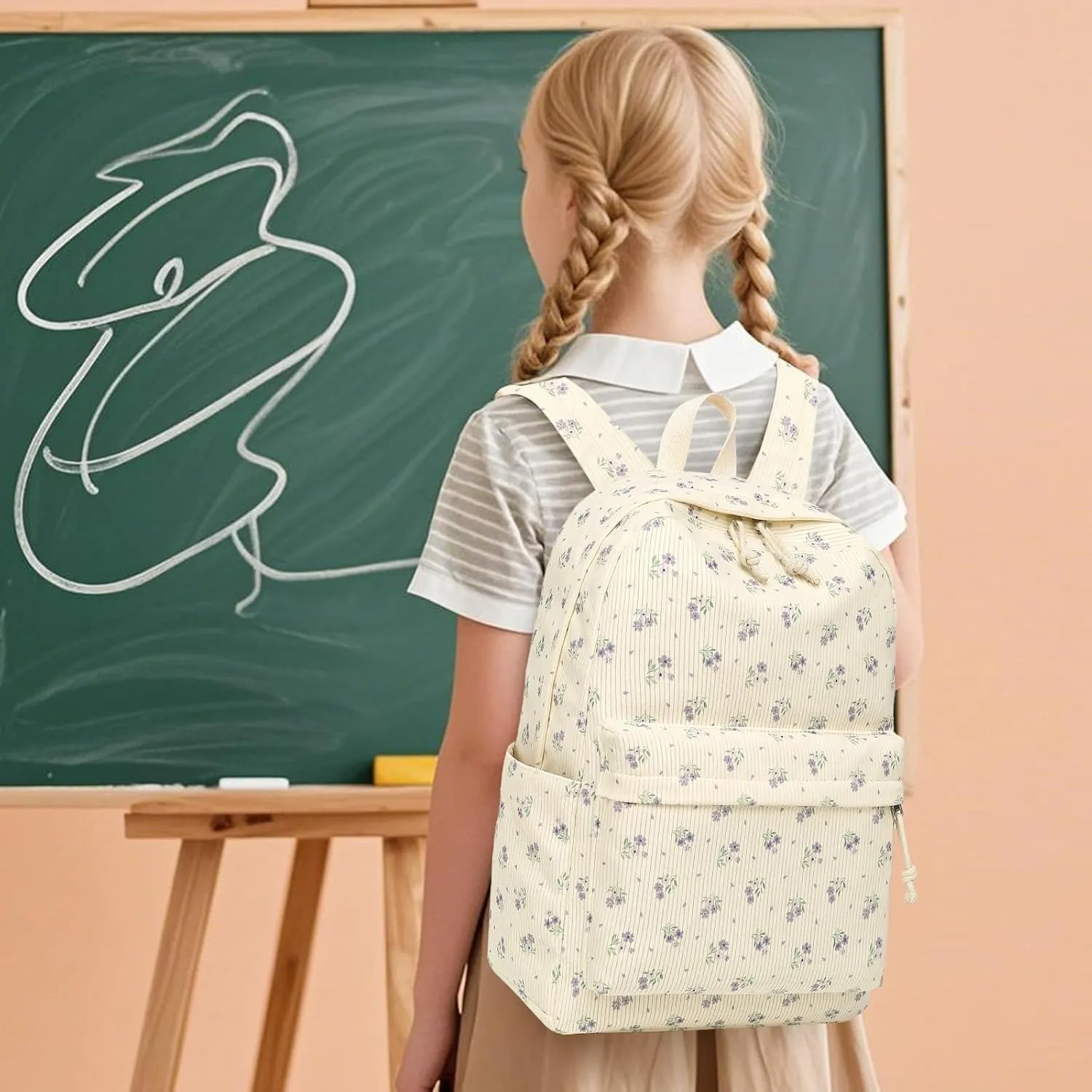 Backpack for Teen Girls Corduroy Bookbags Elementary Middle High School School Bag Lightweight Women Travel Casual Daypacks (Beige-Purple Flower)