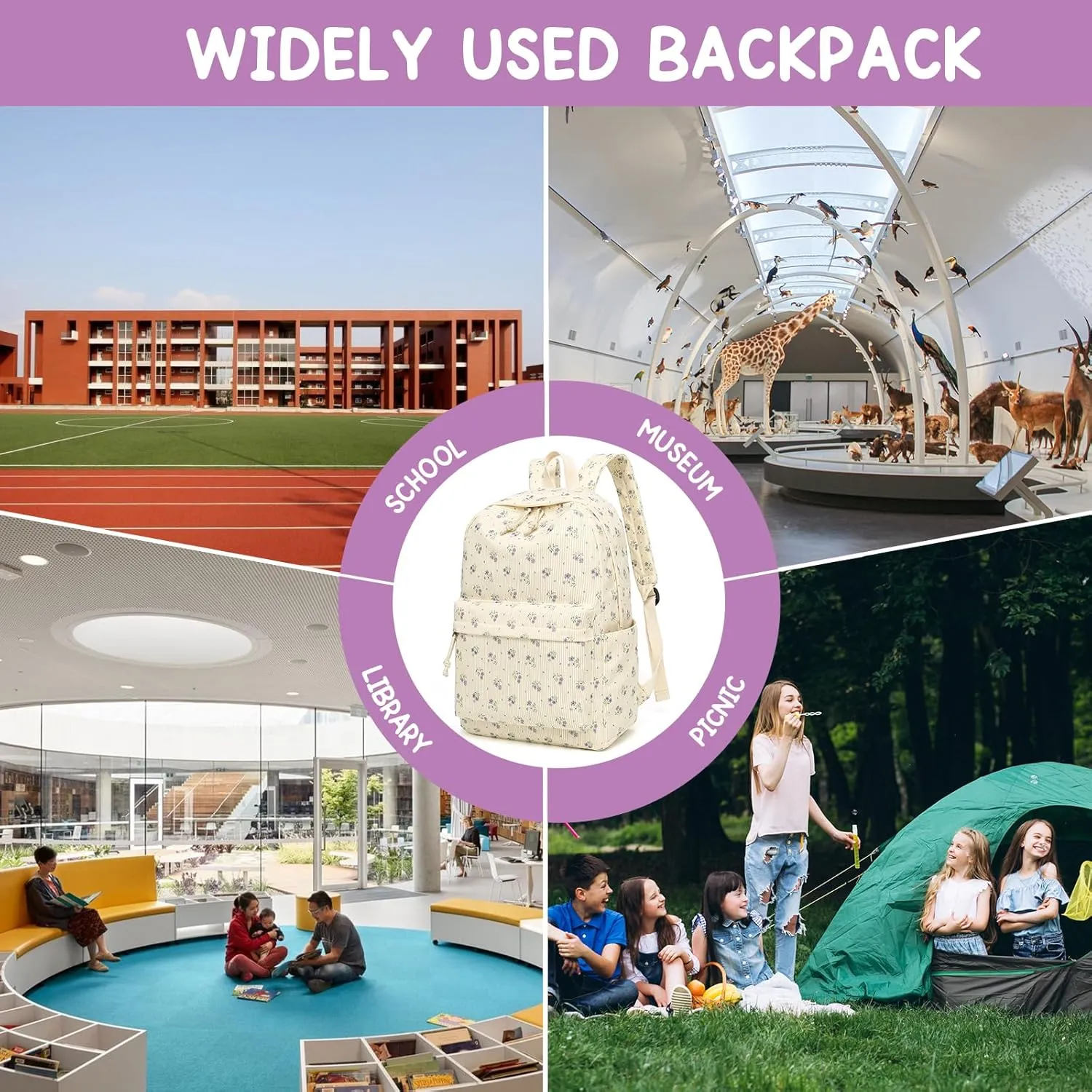 Backpack for Teen Girls Corduroy Bookbags Elementary Middle High School School Bag Lightweight Women Travel Casual Daypacks (Beige-Purple Flower)