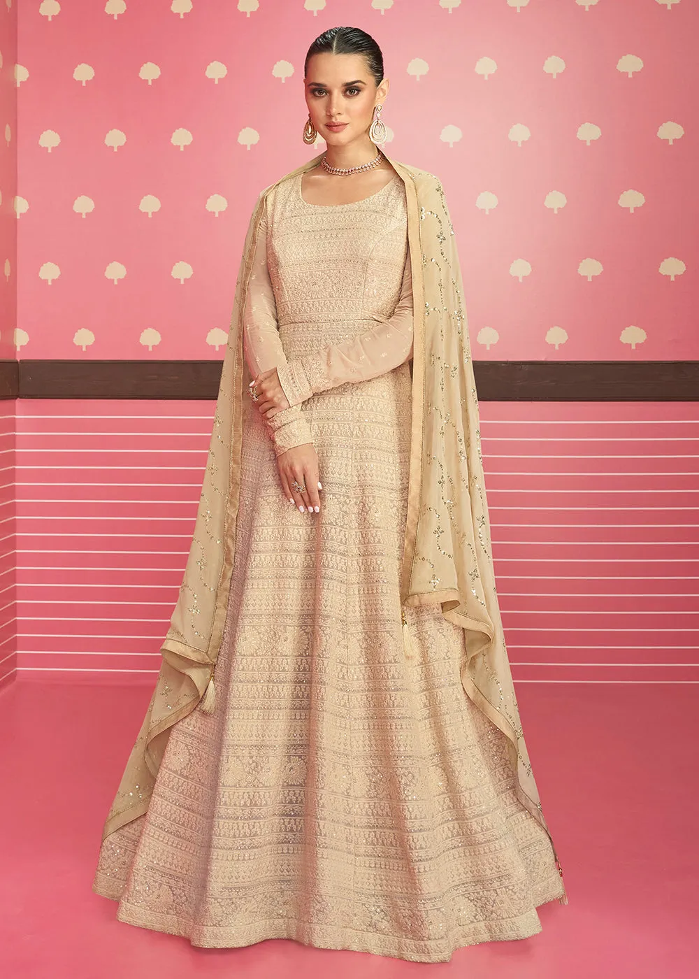 Beige Lucknowi Chikankari Embroidered Bridesmaid Anarkali Suit