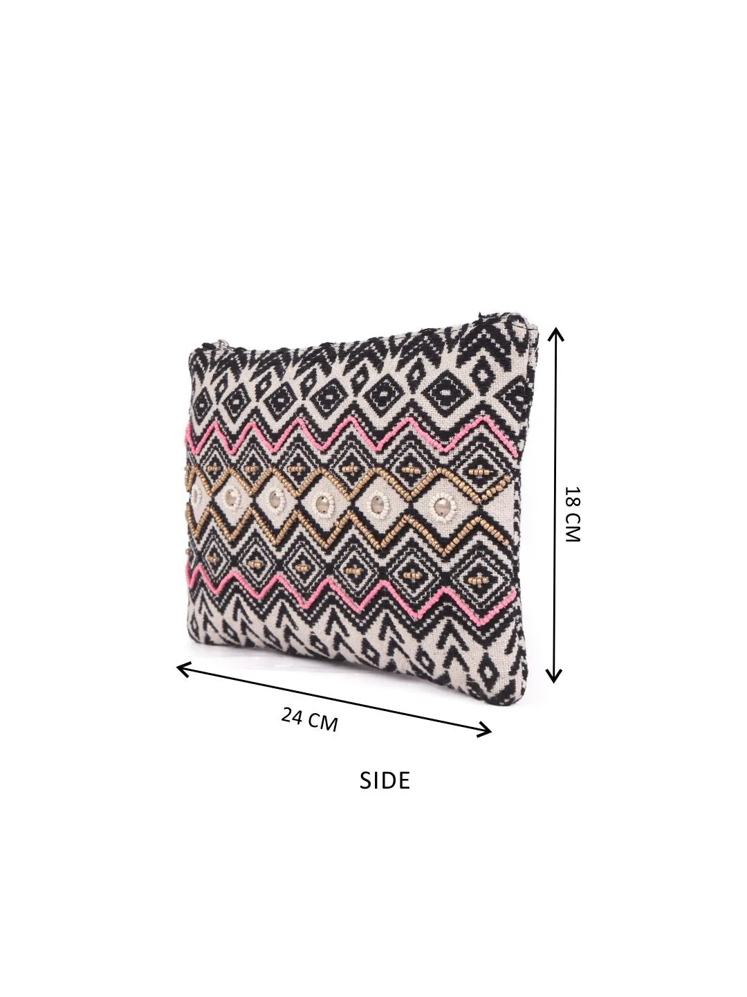 Black Beaded Embroidered Woven Makeup/Travel Pouch With Tassels