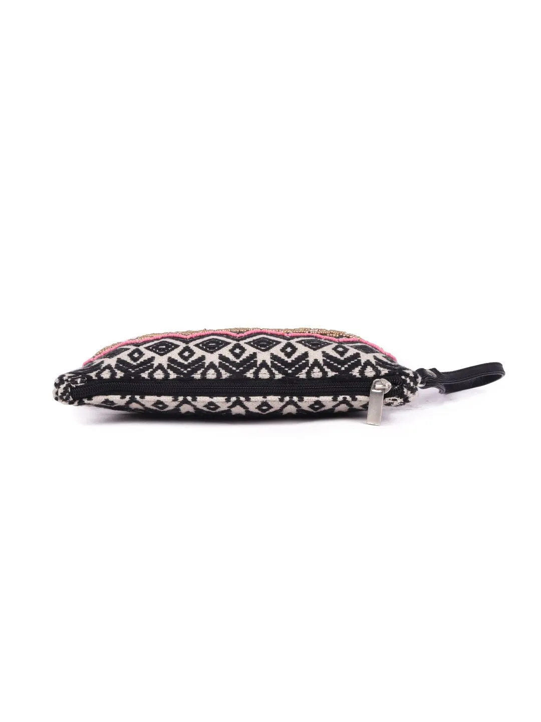 Black Beaded Embroidered Woven Makeup/Travel Pouch With Tassels