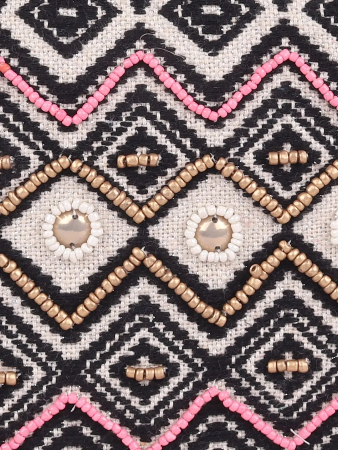 Black Beaded Embroidered Woven Makeup/Travel Pouch With Tassels
