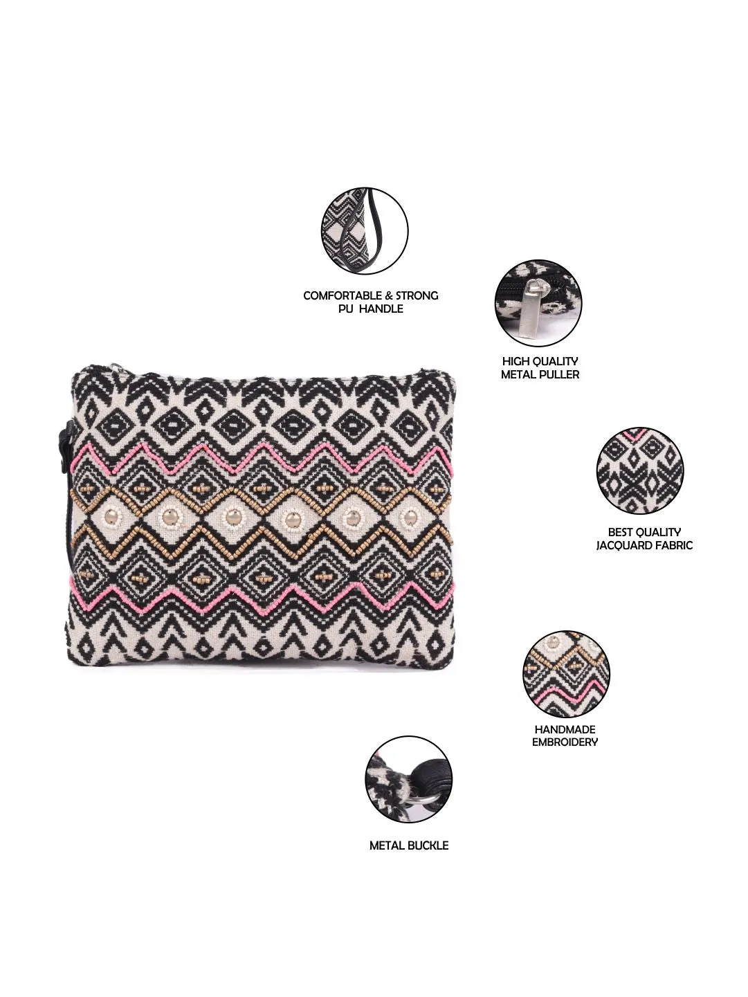 Black Beaded Embroidered Woven Makeup/Travel Pouch With Tassels
