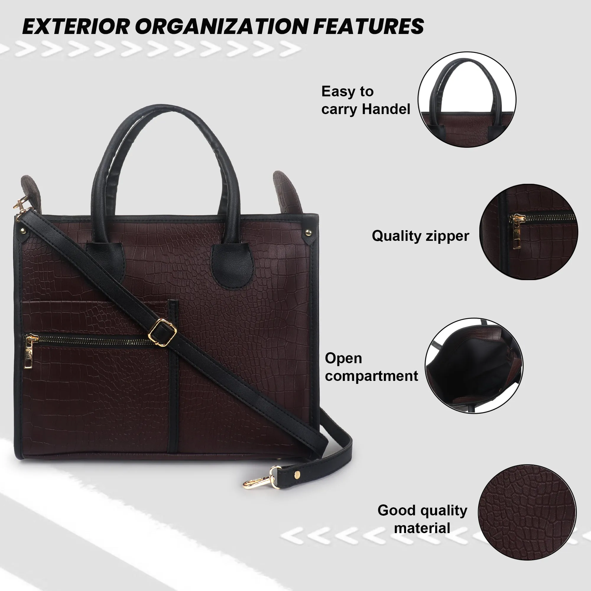Brown Crocodile Synthetic Leather Handbag For Women