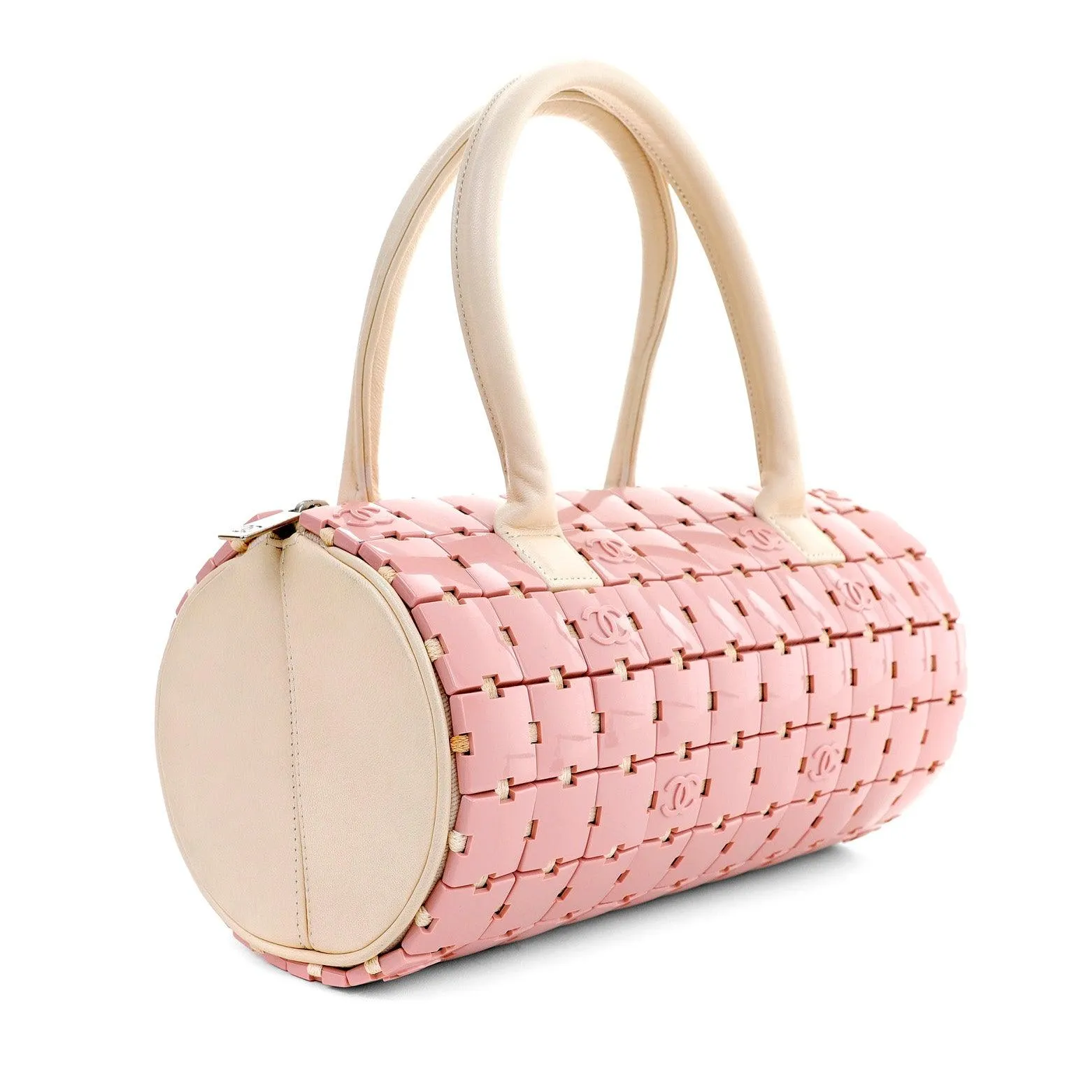 Chanel Pink and Beige Lucite Puzzle Mini Barrel Duffel Handbag RARE
