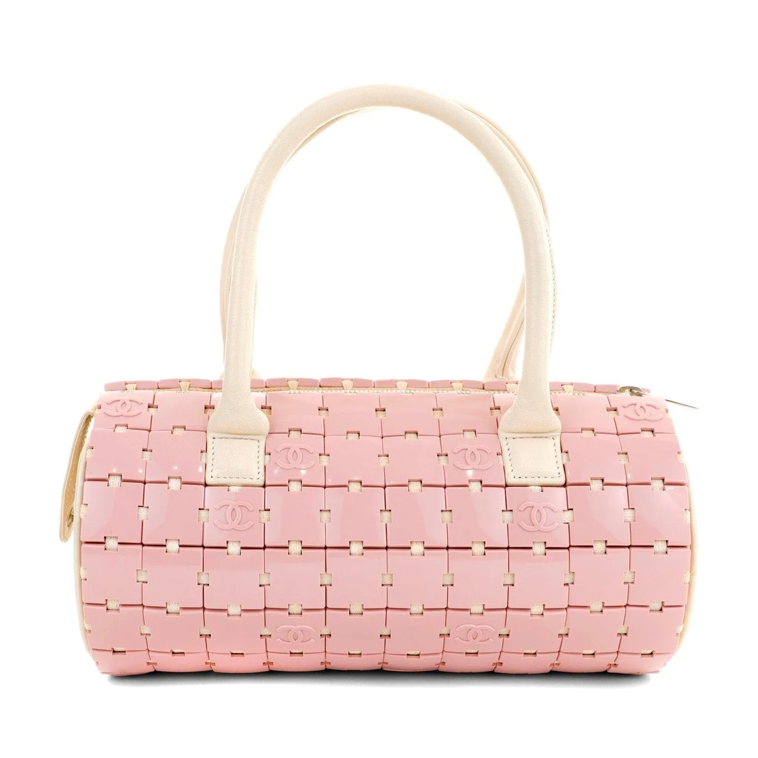 Chanel Pink and Beige Lucite Puzzle Mini Barrel Duffel Handbag RARE