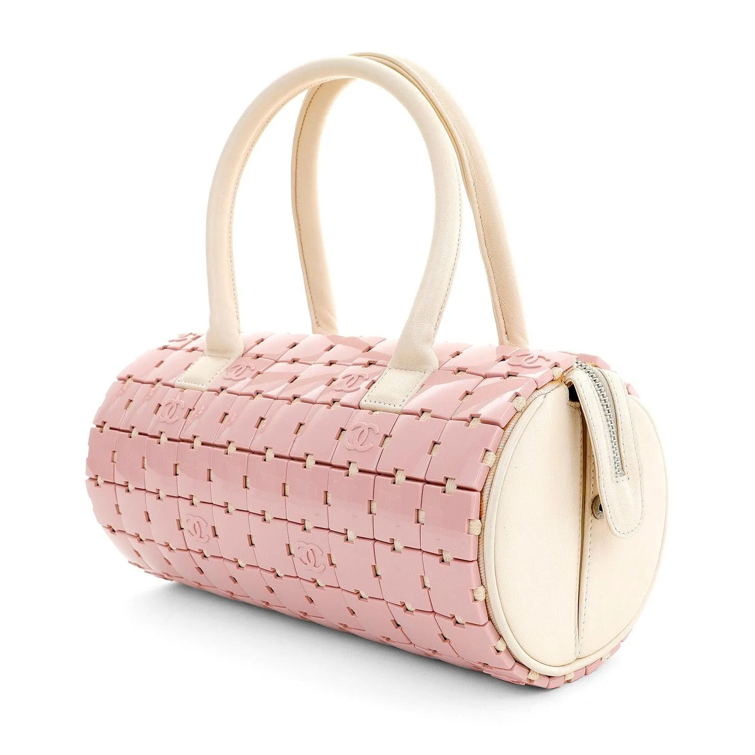 Chanel Pink and Beige Lucite Puzzle Mini Barrel Duffel Handbag RARE
