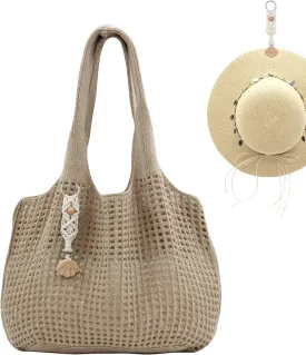Crochet Tote Bag with Macrame Hat Clip for Travel Women Summer Beach Bag Aesthetic Knit Bag Cute Shoulder Bags