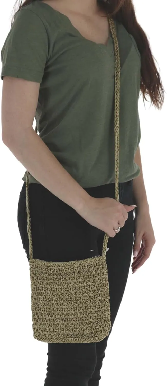 CTM Women's Crochet Crossbody Handbag, Camel