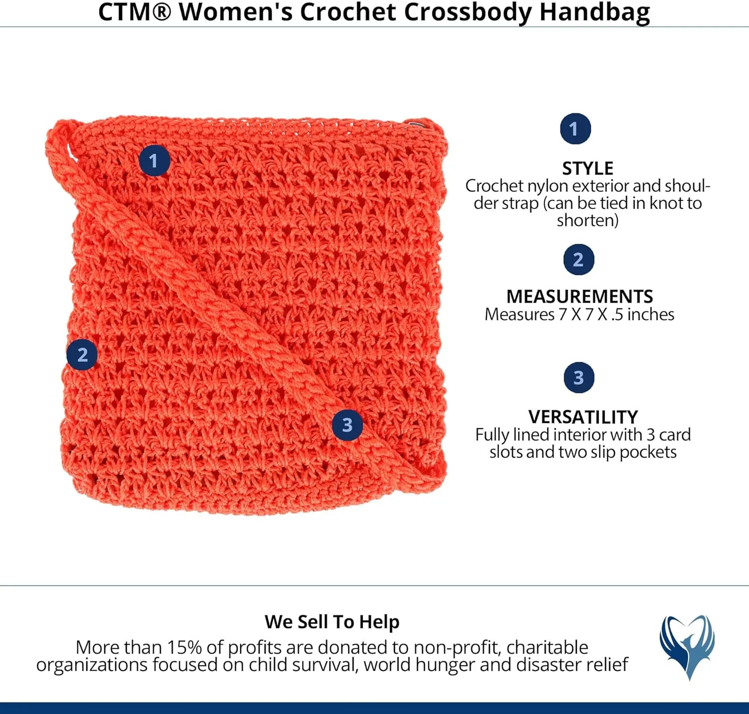 CTM Women's Crochet Crossbody Handbag, Coral