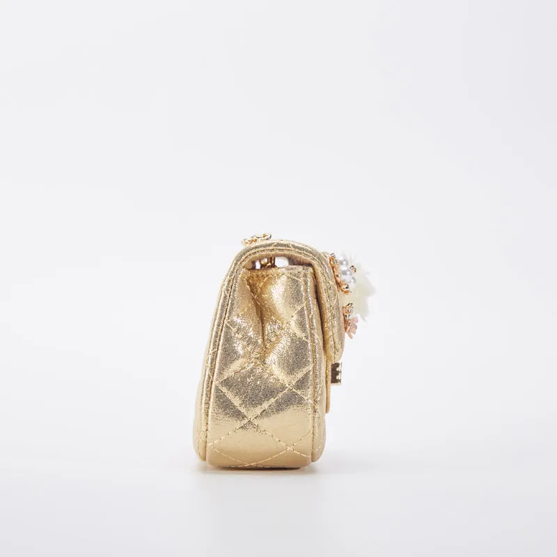 Floral Shiny Quilted Purse - Gold