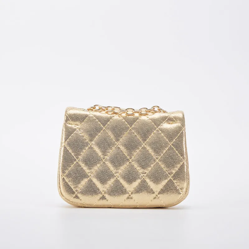 Floral Shiny Quilted Purse - Gold