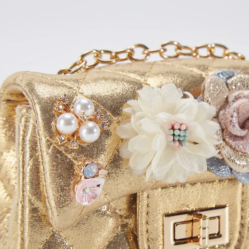 Floral Shiny Quilted Purse - Gold