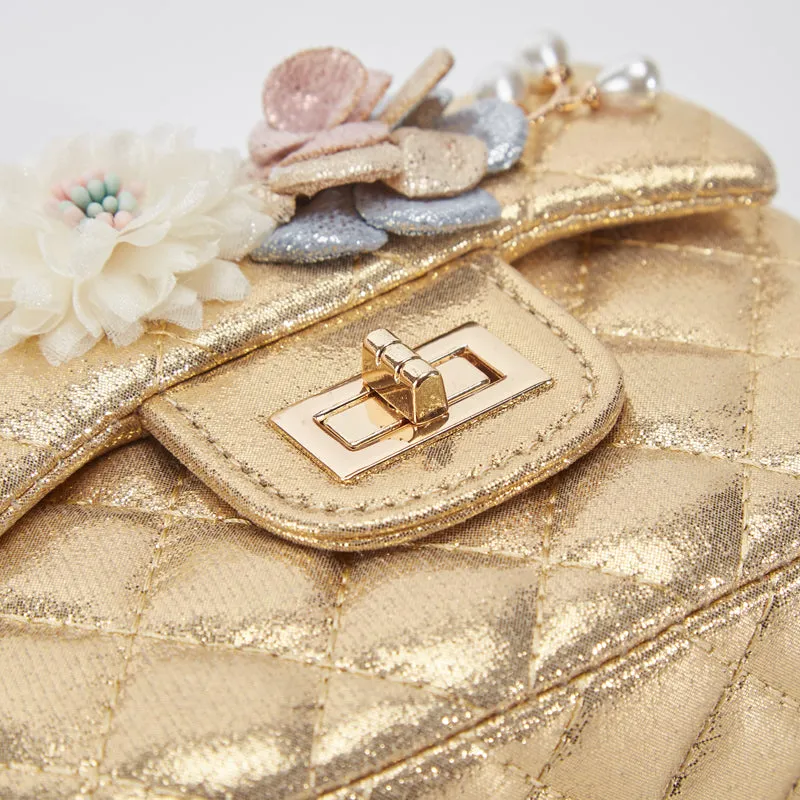 Floral Shiny Quilted Purse - Gold