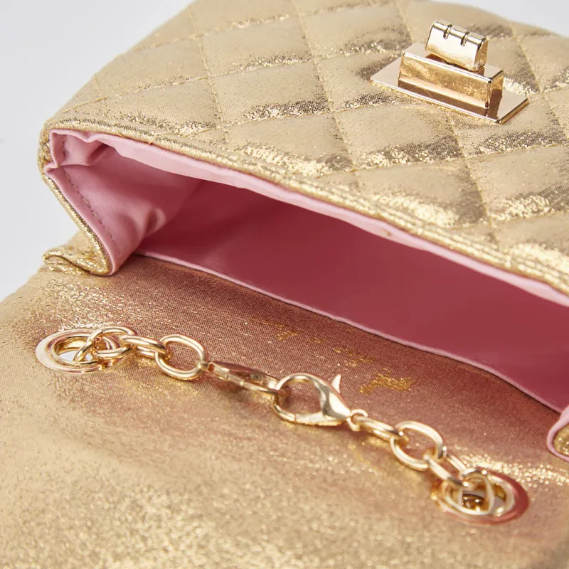 Floral Shiny Quilted Purse - Gold