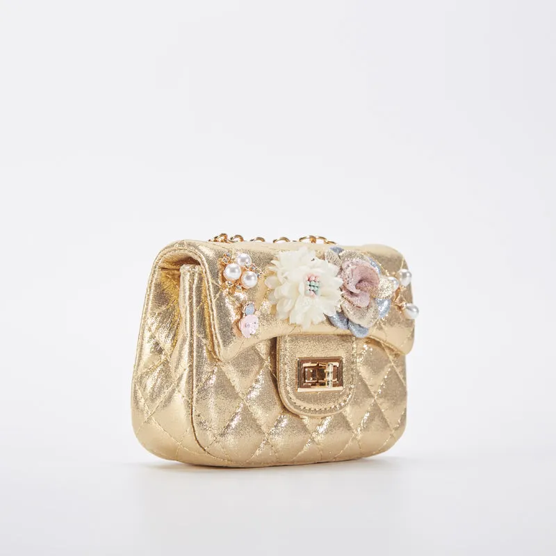 Floral Shiny Quilted Purse - Gold