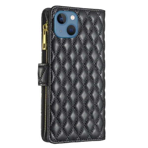 For Apple iPhone 13 Diamond Quilted Leather Zipper Wallet Flip Protective Case Cover – Black