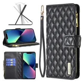 For Apple iPhone 13 Diamond Quilted Leather Zipper Wallet Flip Protective Case Cover – Black