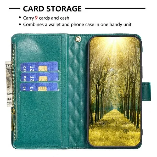 For Apple iPhone 13 Diamond Quilted Leather Zipper Wallet Flip Protective Case Cover – Green
