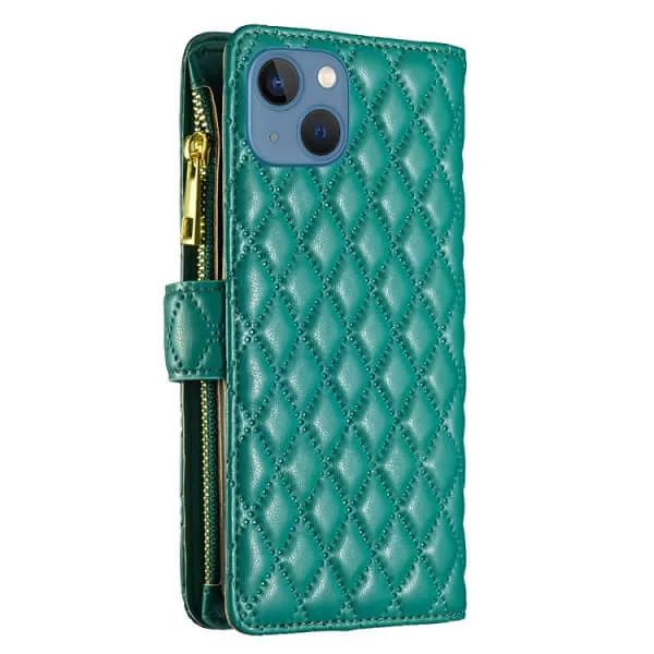 For Apple iPhone 13 Diamond Quilted Leather Zipper Wallet Flip Protective Case Cover – Green