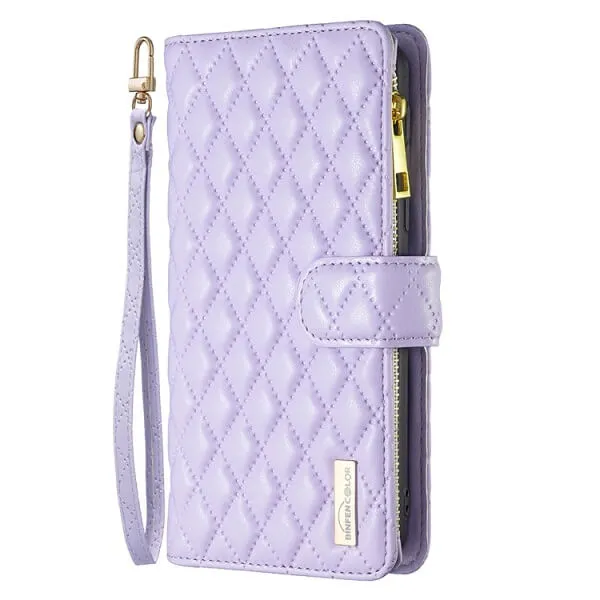 For Apple iPhone 13 Diamond Quilted Leather Zipper Wallet Flip Protective Case Cover – Purple