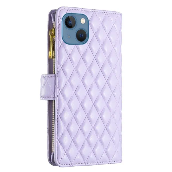 For Apple iPhone 13 Diamond Quilted Leather Zipper Wallet Flip Protective Case Cover – Purple