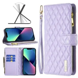 For Apple iPhone 13 Diamond Quilted Leather Zipper Wallet Flip Protective Case Cover – Purple