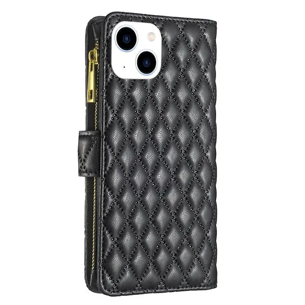 For Apple iPhone 14 Diamond Quilted Leather Zipper Wallet Flip Protective Case Cover – Black