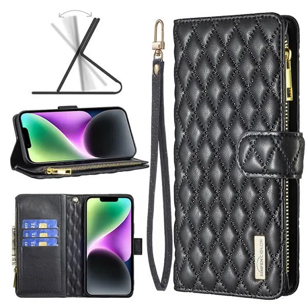 For Apple iPhone 14 Diamond Quilted Leather Zipper Wallet Flip Protective Case Cover – Black
