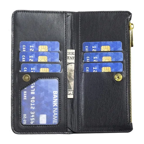 For Apple iPhone 14 Diamond Quilted Leather Zipper Wallet Flip Protective Case Cover – Black