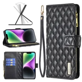 For Apple iPhone 14 Diamond Quilted Leather Zipper Wallet Flip Protective Case Cover – Black