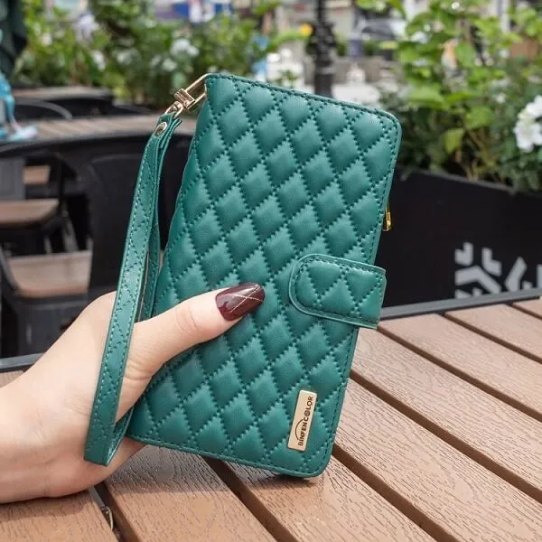 For Apple iPhone 14 Diamond Quilted Leather Zipper Wallet Flip Protective Case Cover – Green