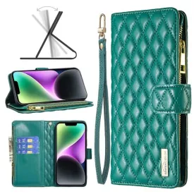 For Apple iPhone 14 Diamond Quilted Leather Zipper Wallet Flip Protective Case Cover – Green