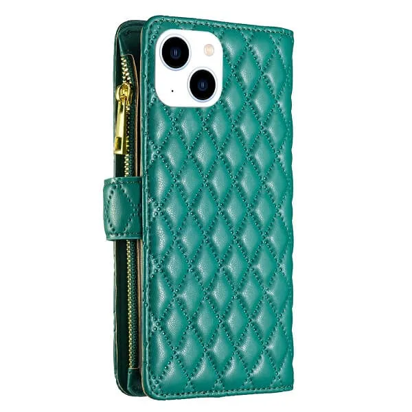 For Apple iPhone 14 Diamond Quilted Leather Zipper Wallet Flip Protective Case Cover – Green