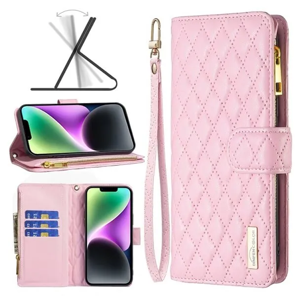 For Apple iPhone 14 Diamond Quilted Leather Zipper Wallet Flip Protective Case Cover – Rose Gold