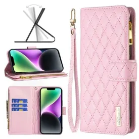 For Apple iPhone 14 Diamond Quilted Leather Zipper Wallet Flip Protective Case Cover – Rose Gold