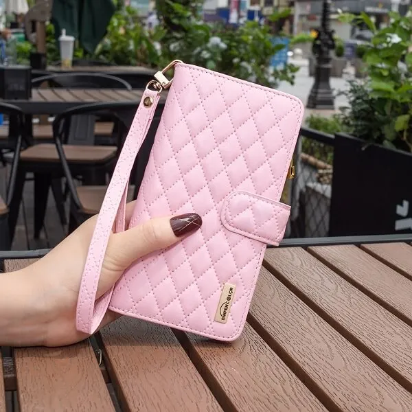 For Apple iPhone 14 Diamond Quilted Leather Zipper Wallet Flip Protective Case Cover – Rose Gold