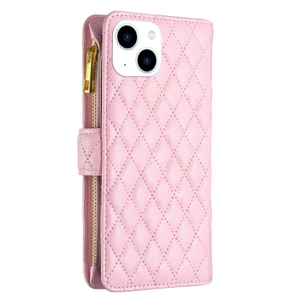 For Apple iPhone 14 Diamond Quilted Leather Zipper Wallet Flip Protective Case Cover – Rose Gold