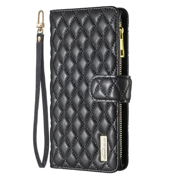 For Apple iPhone 14 Pro Max Diamond Quilted Leather Zipper Wallet Flip Protective Case Cover – Black