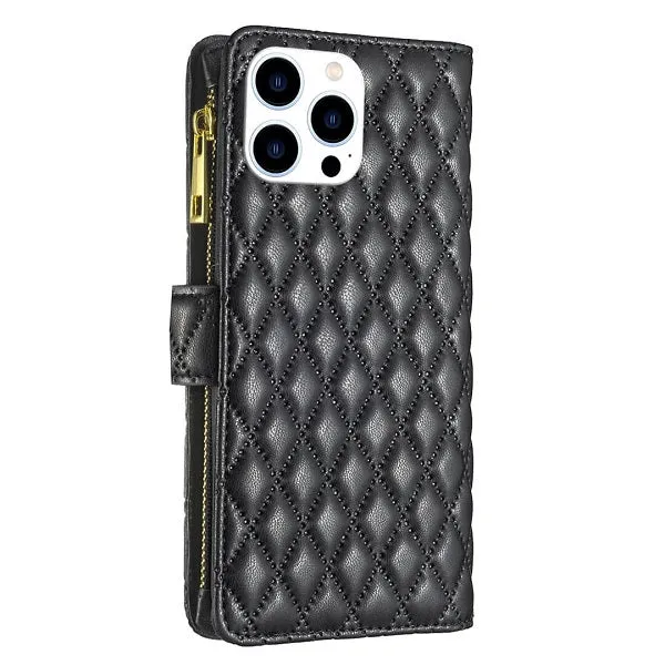 For Apple iPhone 14 Pro Max Diamond Quilted Leather Zipper Wallet Flip Protective Case Cover – Black