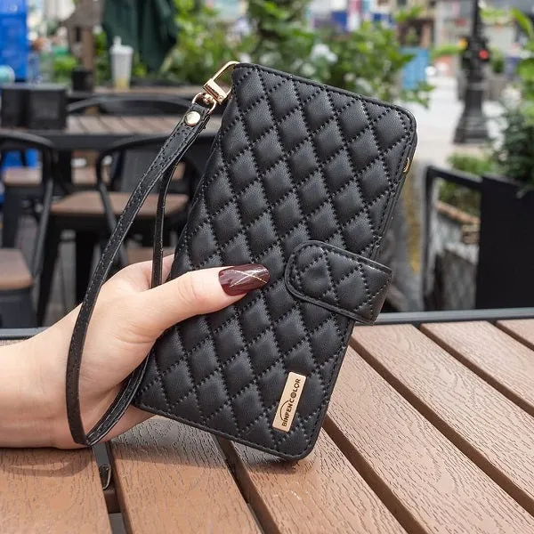 For Apple iPhone 14 Pro Max Diamond Quilted Leather Zipper Wallet Flip Protective Case Cover – Black