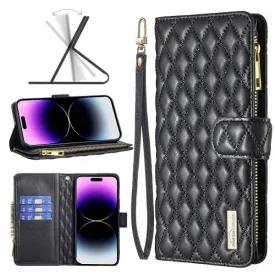 For Apple iPhone 14 Pro Max Diamond Quilted Leather Zipper Wallet Flip Protective Case Cover – Black